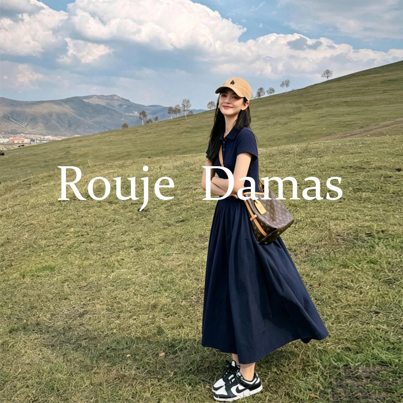 Rouje Damas French-Style High-End Navy Blue Off-Shoulder Short-Sleeve Dress for Women, Waist-Cinching, Slimming, Elegant Long Dress Rouje Damas French-Style High-End Navy Blue Off-Shoulder Short-Sleeve Dress for Women, Waist-Cinching, Slimming, Elegant Long Dress
