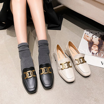 Pregnant women shoes Soft bottom One foot pedal Fooedema lenient Inron wind square head big code metal buckle coarse heel small leather shoes female