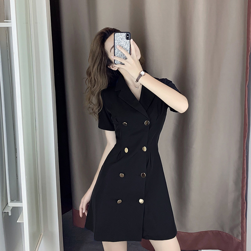 Sandro Moscoloni2022 Summer new Korean version with slim double-row buttoned black suit foreign dress