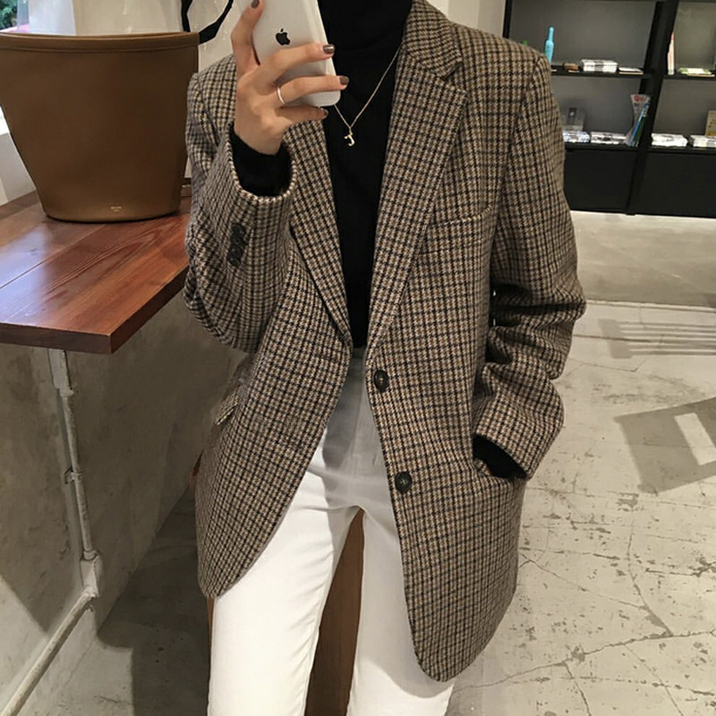 Sandro Mosquoni Plaid suit jacket Women's autumn Winter new Korean version of Han's retro casual Sub-suit