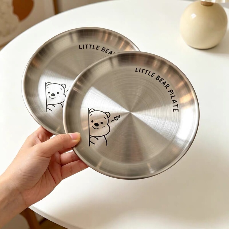 ins Korean-Style Camping Stainless Steel Dinner Plate Picnic Plate Simple Meal Flat Plate Snack Plate Cake Round Plate Tray