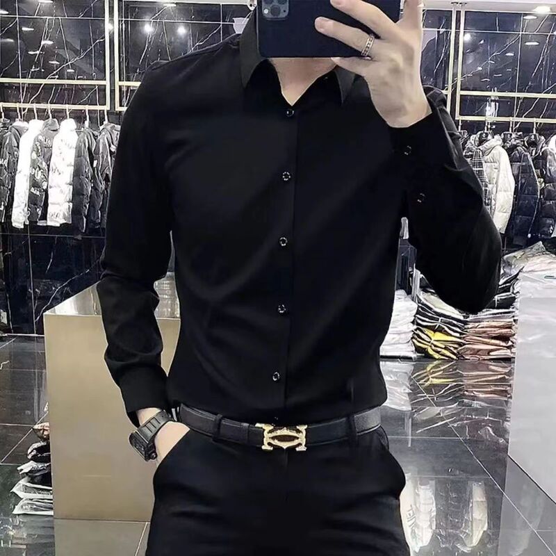 High-End Wrinkle-Free Long-Sleeve Men's Shirt, Spring and Autumn Thin Casual Slim-Fit Formal Business Solid Color Shirt, Trendy