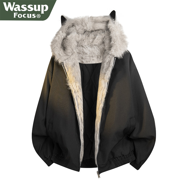 Wassup Focus Mountain Cat Ear Cotton Jacket for Women 2025 Furry Hooded Cotton Coat Thickened Padded Jacket