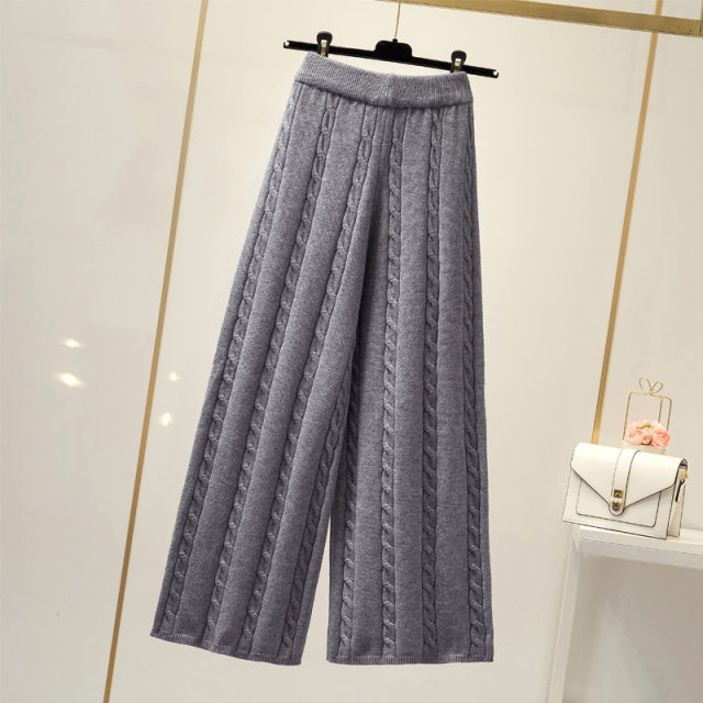 Winter thick knitted wide-leg pants women's high waist drape loose wool straight-leg pants casual nine-point wide-leg trousers