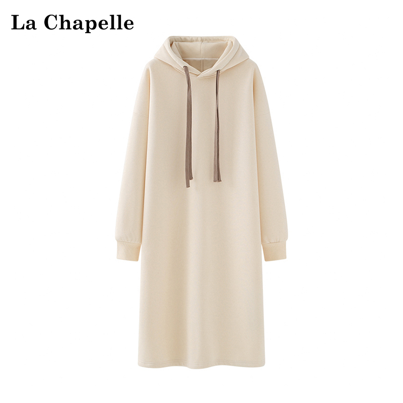 La Chapelle Hooded Drawstring Fleece Sweatshirt Dress for Women, High-Waisted Back Slit Long Dress, Fashionable and Elegant
