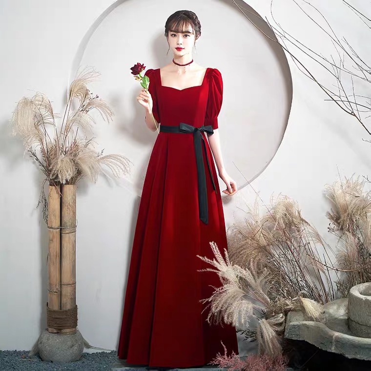 Velvet burgundy evening dress, retro wedding dress, French retro style