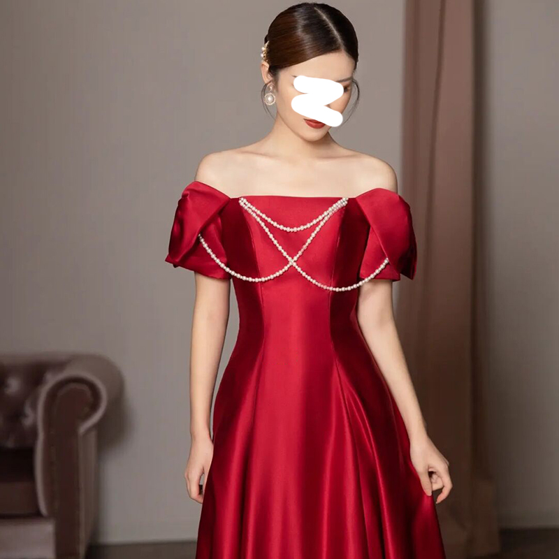 Burgundy capacious elite evening dress for bride, open shoulders, fitted