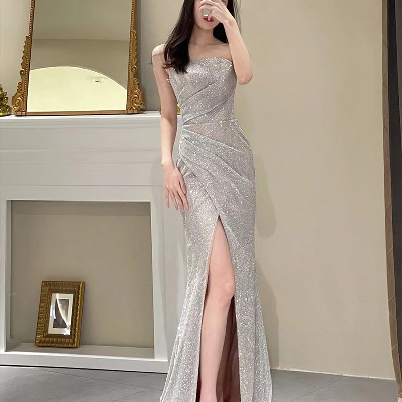 Tube top, silver sexy evening dress, car model, bright catchy style