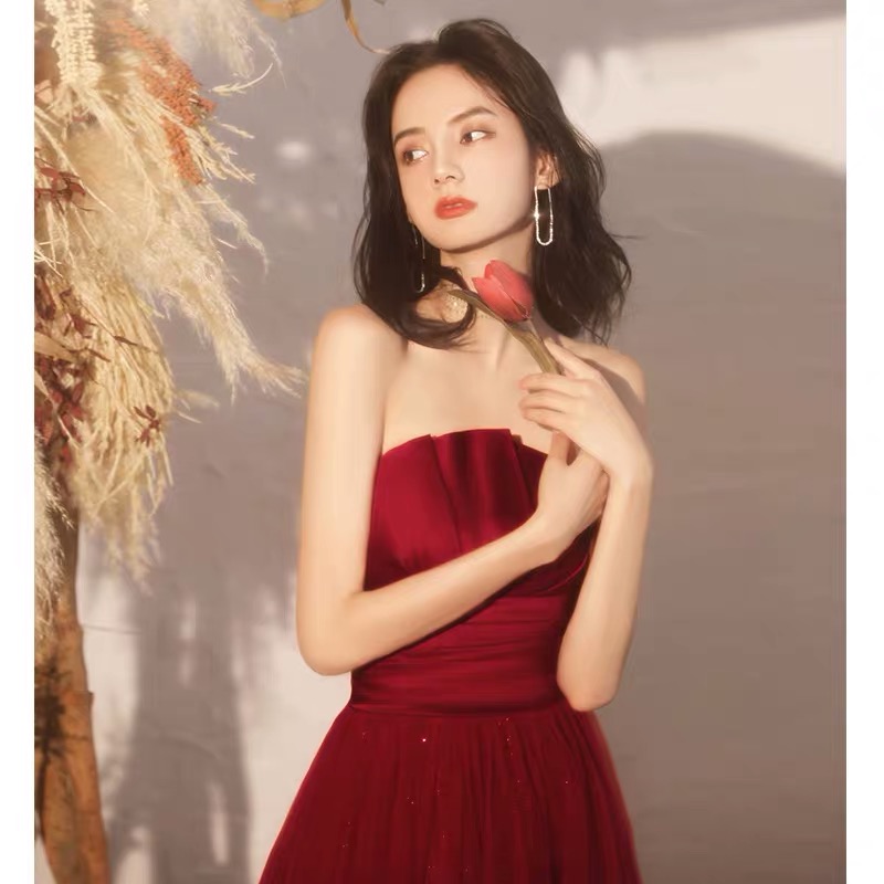 Evening dress, burgundy tube top, 2021 collection, fitted Evening dress, burgundy tube top, 2021 collection, fitted