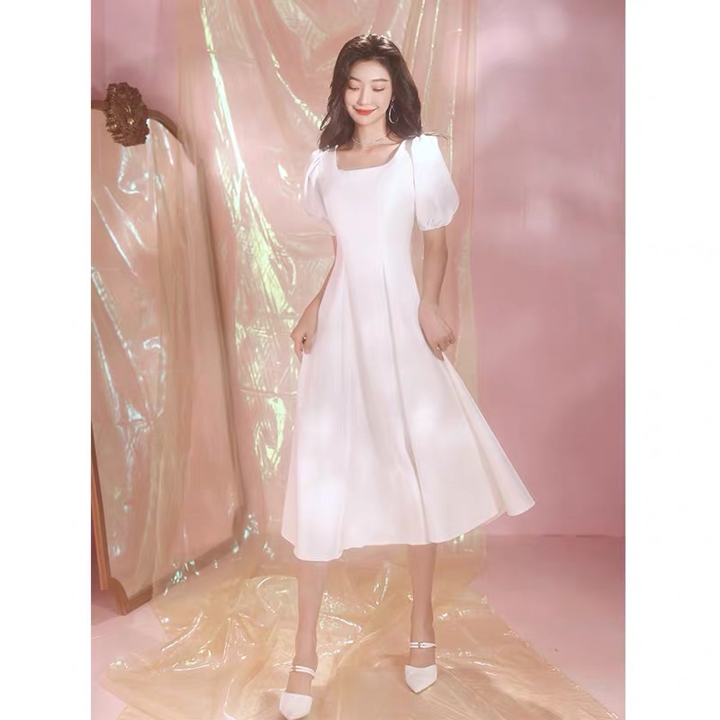White elite evening dress, bright catchy style, french style, for bridesmaid, suitable for teen
