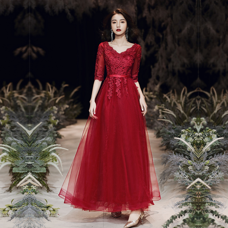 Burgundy demi-season modern long evening dress for pregnant for bride, 2021 collection, V-neckline, fitted