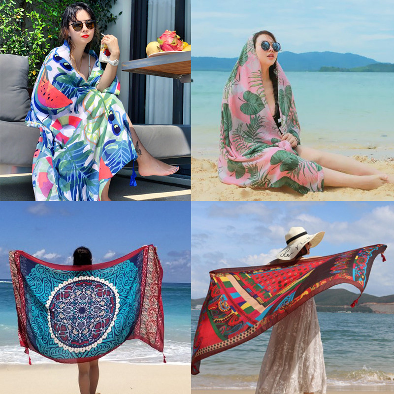 Summer women seaside sunscreen travel photo scarf shawl dual-use beach towel Cotton and linen Bohemian shawl gauze towel