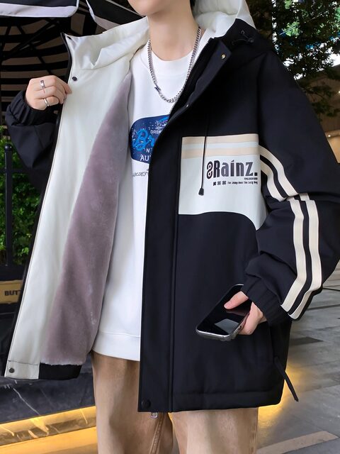 Fleece-Lined Thickened Jacket for Men, Winter College Style Trendy Cotton Coat for Junior High School Students and Teenagers, Patchwork Jacket for Men