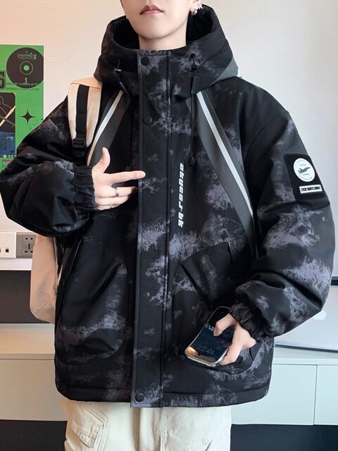 Autumn and Winter New Style Youth Hooded Fleece-Lined Thickened Jacket with Tie-Dye High-End Print, Warm and Versatile Cotton Coat for Boys