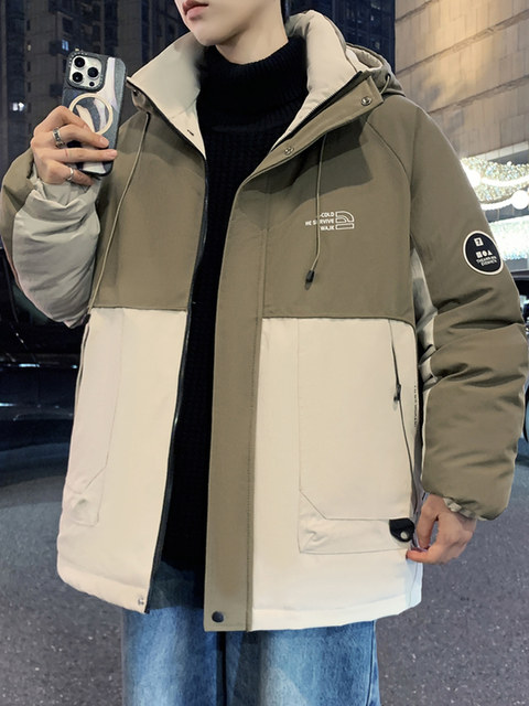 Outdoor Casual Style Color-Blocked Hooded Jacket for Boys, Thickened and Loose-Fitting, Suitable for Teenagers and Students, Warm and Cold-Resistant