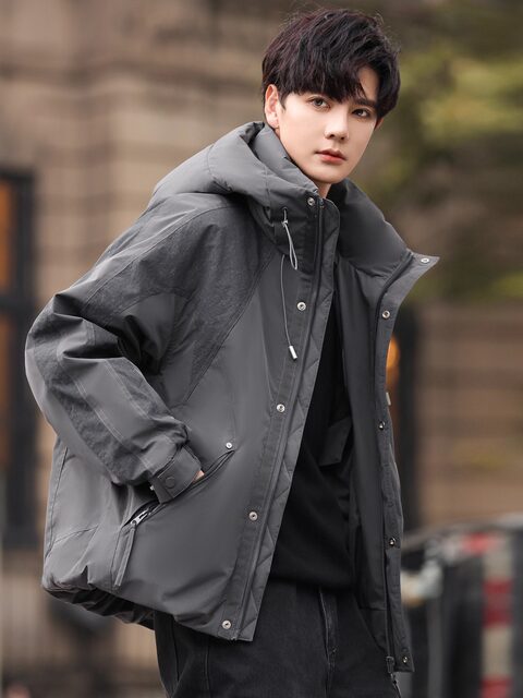 Trendy Men's Winter Clothing New Style down Jacket Thickened and Warm for Middle and High School Students, White Duck down Coat with Hood, Windproof and Stylish