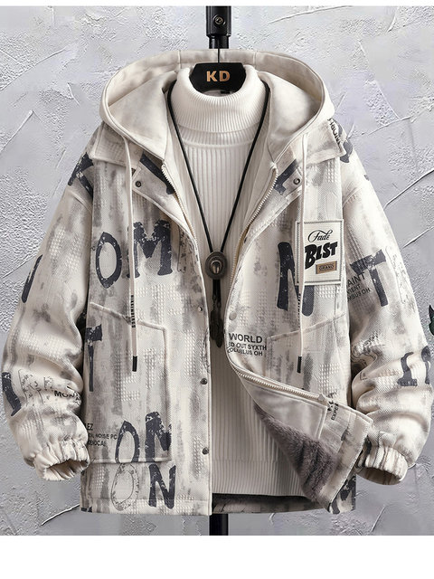 Winter New Style Fleece-Lined Thick Woolen Coat for Teenagers, Trendy Faux Two-Piece Jacket, Stylish Loose-Fit Men's Cotton Clothing