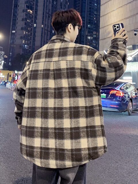 Cotton-Padded Thick Plaid Long-Sleeved Jacket for Boys, New Winter Style Trendy Student Loose Plaid Casual Warm Top