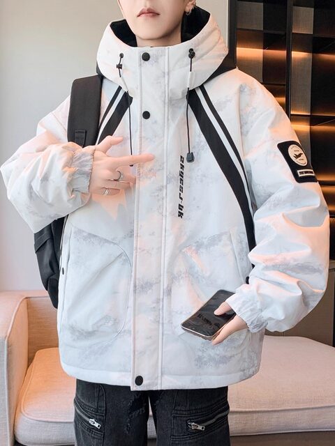 Autumn and Winter New Style Youth Hooded Fleece-Lined Thickened Jacket with Tie-Dye High-End Print, Warm and Versatile Cotton Coat for Boys