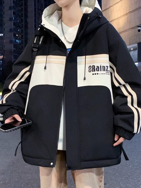 Fleece-Lined Thickened Jacket for Men, Winter College Style Trendy Cotton Coat for Junior High School Students and Teenagers, Patchwork Jacket for Men