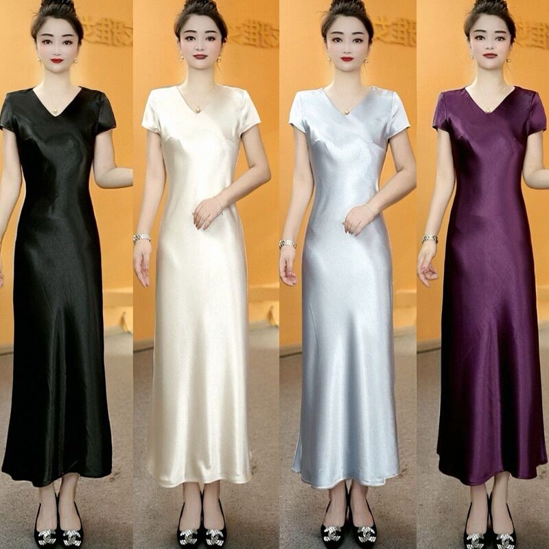 New High-End Heavy Silk Satin Short-Sleeve Slimming Dress with Elegant V-Neck, High Waist, and Fishtail Long Skirt