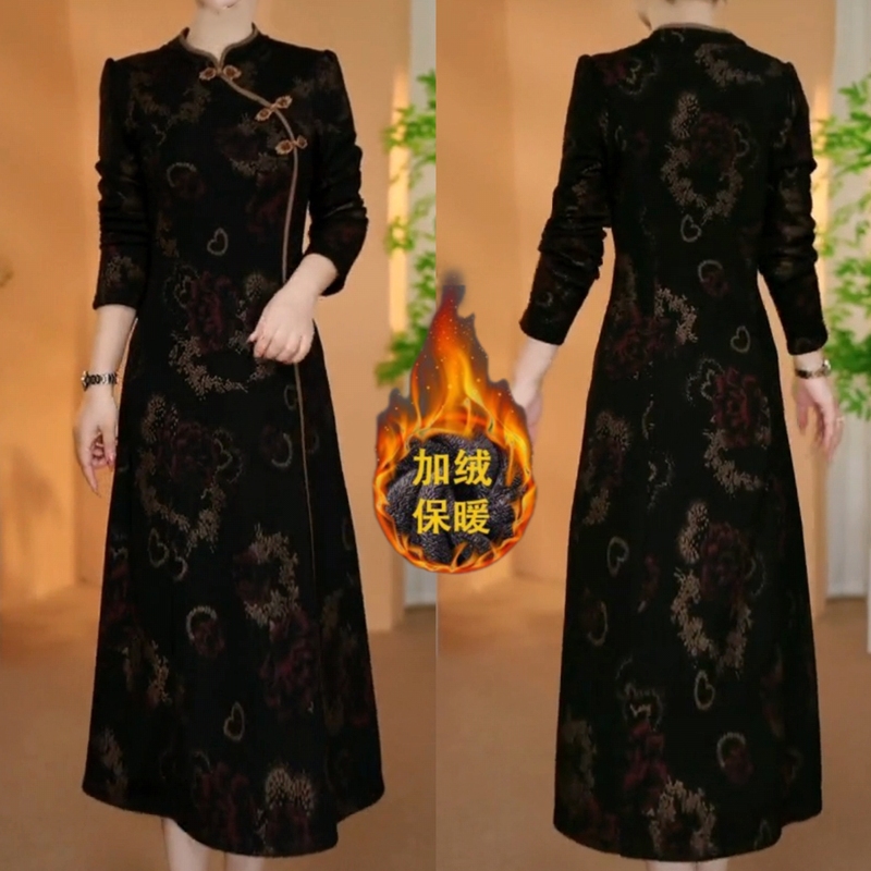 Mom's New Autumn and Winter Fashion Retro Large Size Qipao Dress, Thickened with Fleece, Mid-Length Over-The-Knee Long Dress