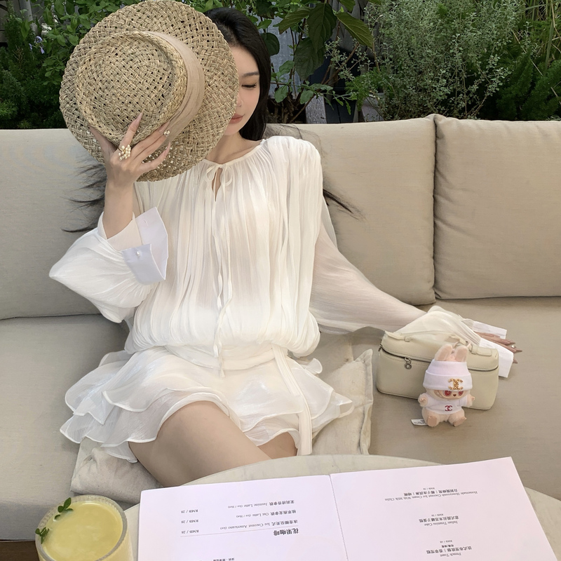 Shinesting Niche Design Accordion Pleated Puff Sleeve Dress Women's Ruffled Ribbon Tutu Skirt