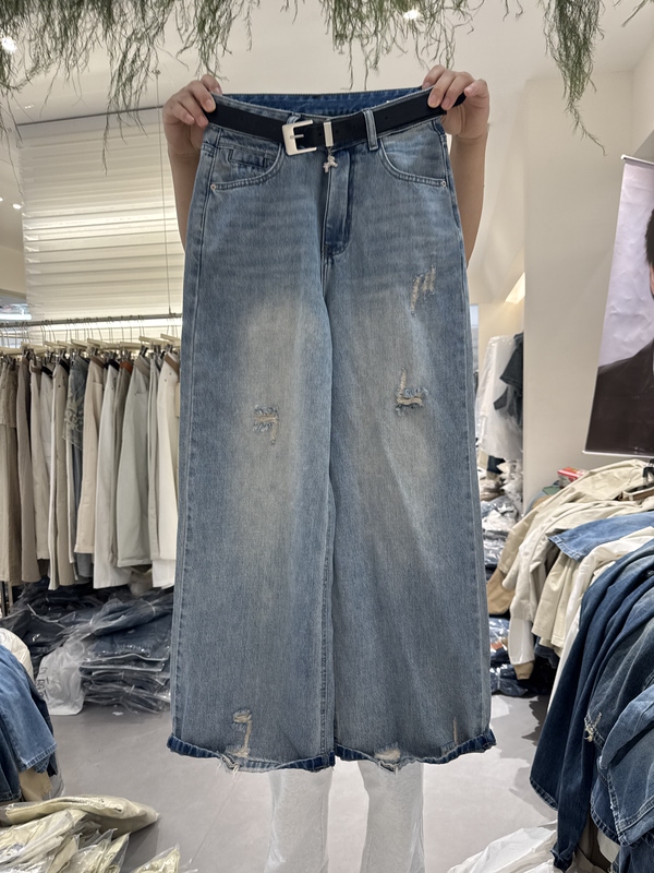 Jeans D079 Summer New Style High-Waisted Slimming Loose Ripped Wide-Leg Jeans for Women Casual Straight Pants