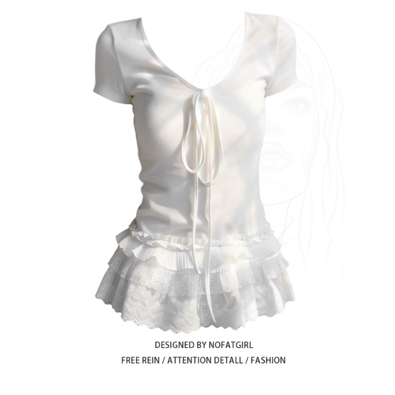 Plus-Size Sweet Style Lace Patchwork Tie V-Neck Short-Sleeve T-Shirt for Women, Slim-Fit White Top for Spring and Summer