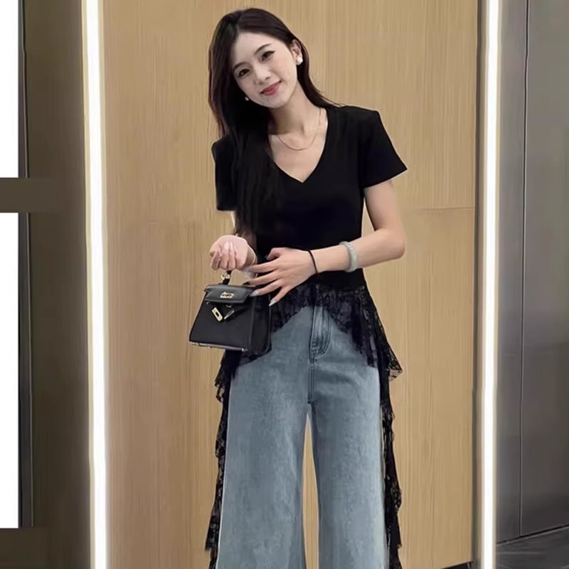 Plus-Size Hot Girl Pure Desire Style Lace Ribbon Splicing Fashionable Versatile Elegant T-Shirt Top for Women Summer New Style