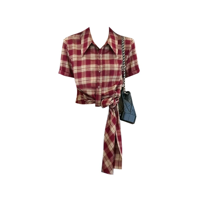 Plus Size American Retro Red Plaid Fashion Short-Sleeved Shirt for Women, Summer Work Wear, Bow-Tie Top