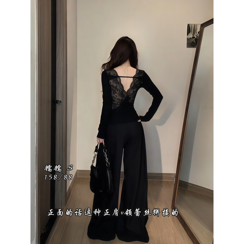 Plus Size Sexy Hot Girl Backless Lace Patchwork V-Neck T-Shirt for Women 2026 Autumn Slim Fit Stunning Long-Sleeve Top Plus Size Sexy Hot Girl Backless Lace Patchwork V-Neck T-Shirt for Women 2026 Autumn Slim Fit Stunning Long-Sleeve Top
