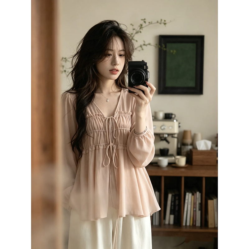 Plus-Size Women's Stylish Ruched Tie-Front Long-Sleeve Chiffon Blouse, Summer Loose Versatile Casual Top