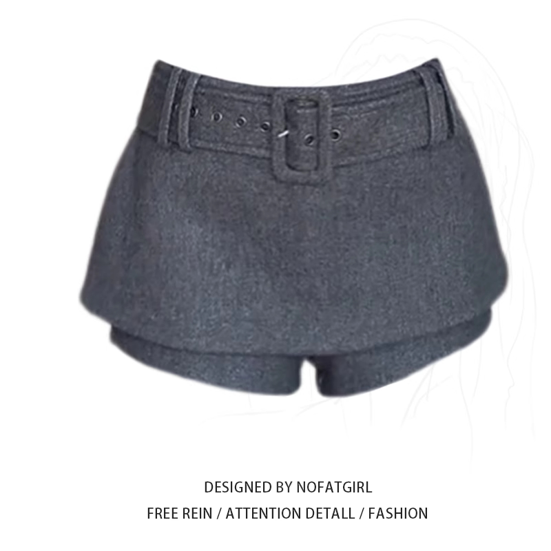 Plus-Size Gray High-Waisted Woolen Design Shorts Skirt for Women, New Autumn and Winter Slim-Fit Design