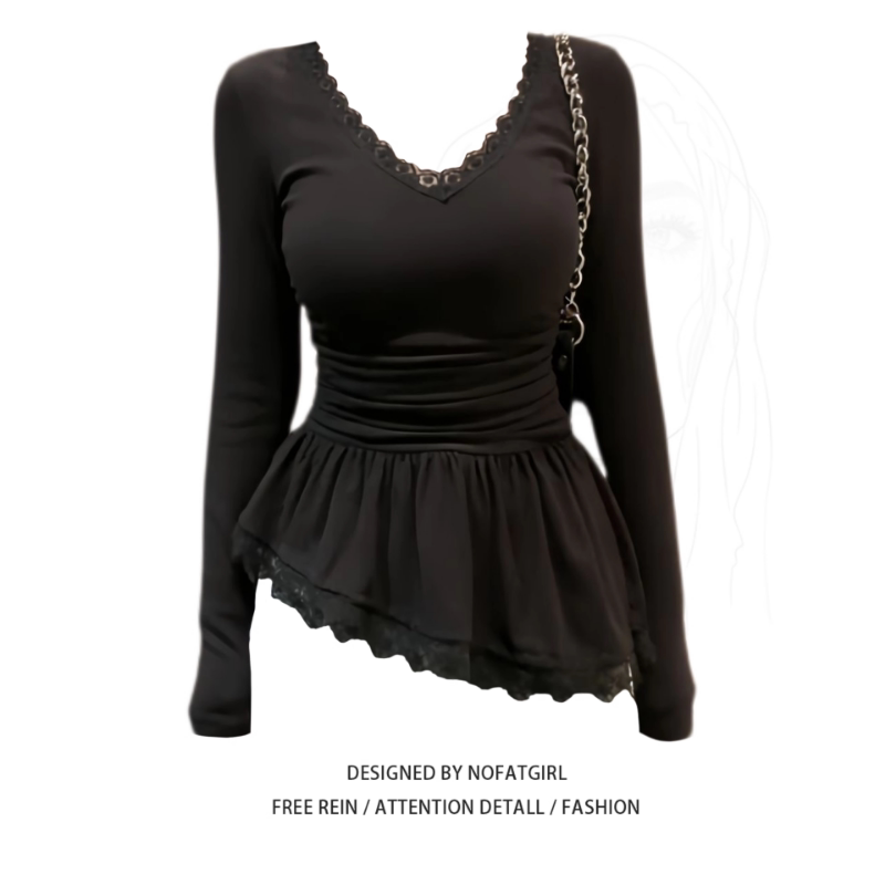 Plus-Size French-Style Lace Patchwork Long-Sleeve T-Shirt for Women, Spring Black Slim-Fit Slimming Base Shirt Top