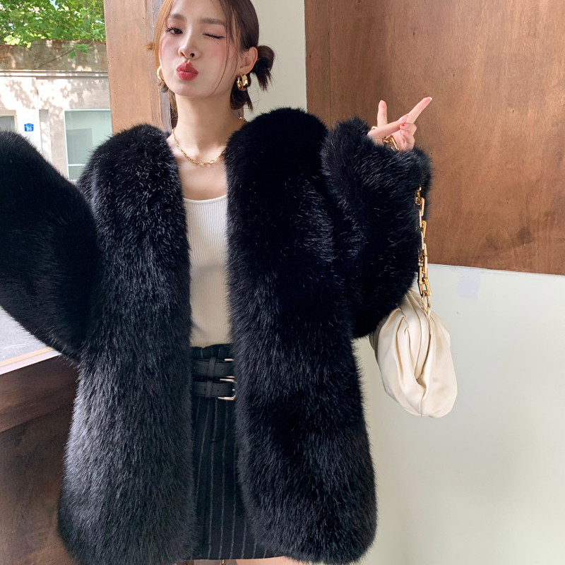 Eco-Friendly Fox Fur Coat for Women, Mid-Length Whole Fur Coat, Classic Black Fur Coat, Faux Fur