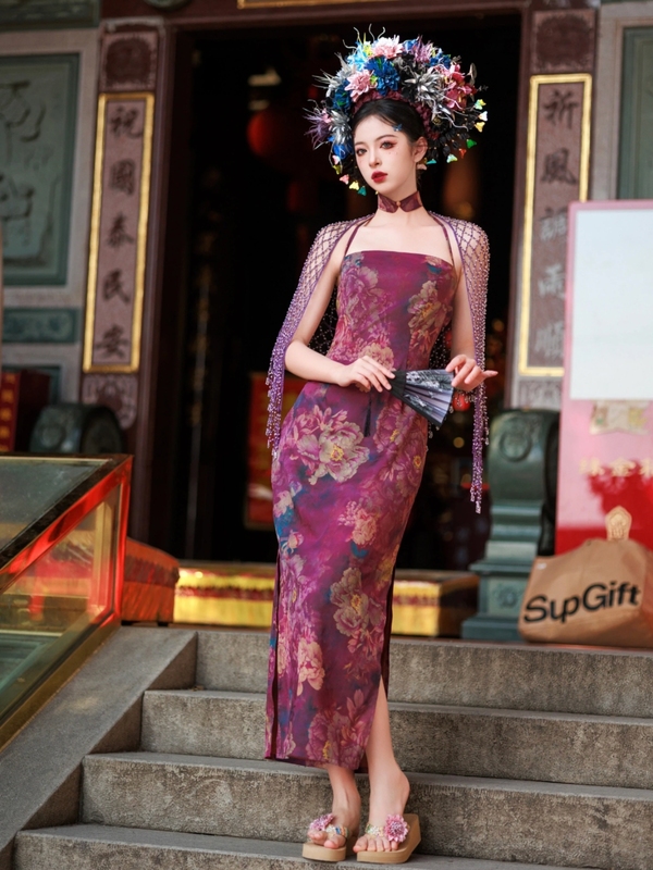 Dark Purple New Chinese-Style Wedding Morning Gown for Women, Bride's Suspender Dress Two-Piece Set, High-End Niche Purple Morning Photo Shoot Dress