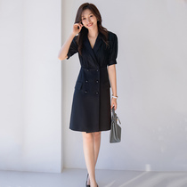 Women's 30s Black Suit Collar Dress Women's Summer Premium Patchwork Chiffon Elegant Waistband Medium Skirt