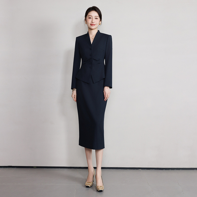 Boss Zhong's Navy Blue High-End Suit Set for Women, New Spring and Autumn Business Attire, Jacket and Skirt Two-Piece Set