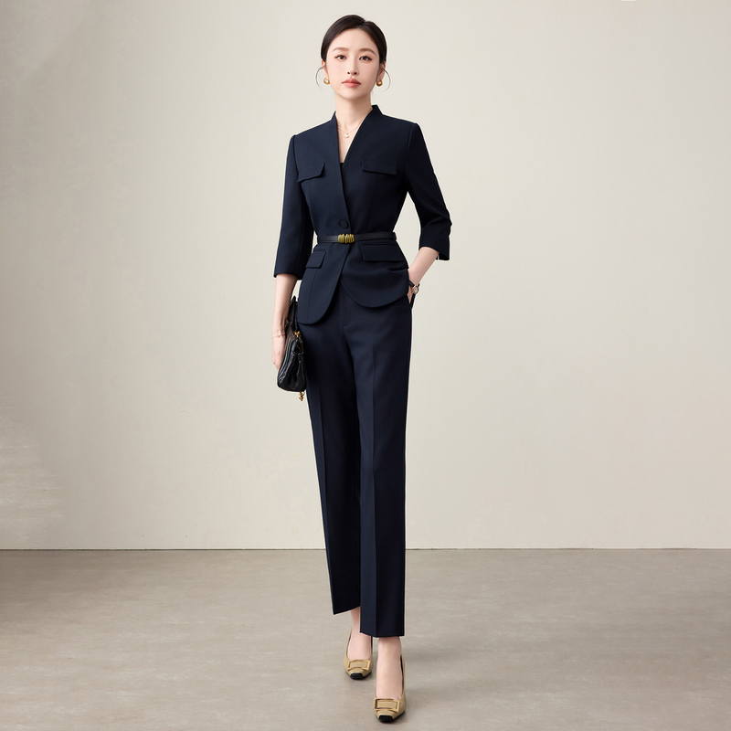 Boss Zhong's Navy Blue Stylish and Professional Three-Quarter Sleeve Suit Set for Women, 2026 Spring New Model, Suitable for Workplace and Commuting Formal Wear