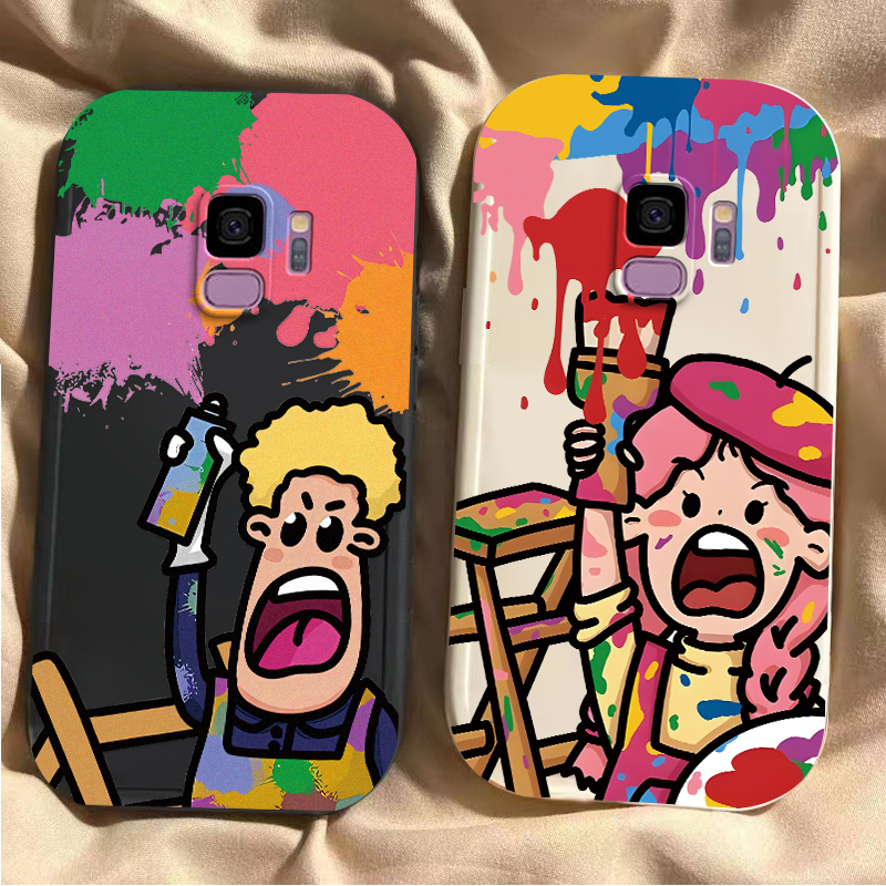 Suitable for Samsung S9 Mobile Phone Case Samsung Silicone Lens All-Inclusive S9+ Anti-Fall Protective Cover for Men and Women New Couple Cartoon Cute Soft Shell Creative Stylish Colorful Painter Protective Shell Shell