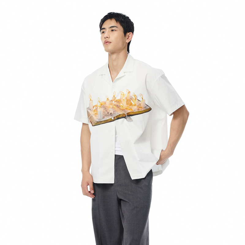 Muzedustudio Book Candle Number Print Cotton Cuban Collar Shirt Muzedustudio Book Candle Number Print Cotton Cuban Collar Shirt