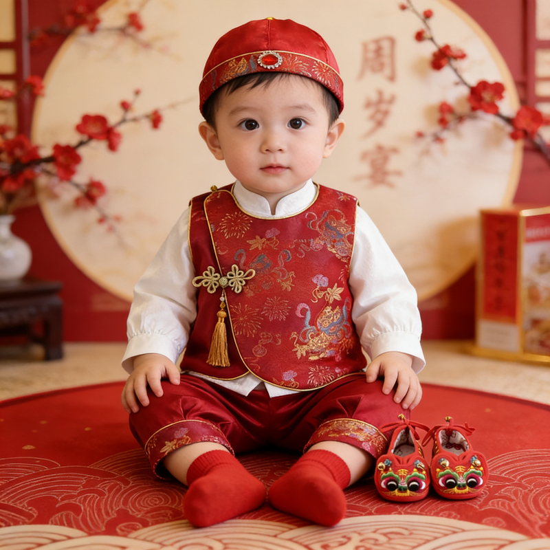 Baby's First Birthday Outfit for Boys, Red Chinese Tang Suit for the First Birthday Celebration, Baby's 100-Day Banquet Festive Vest Set