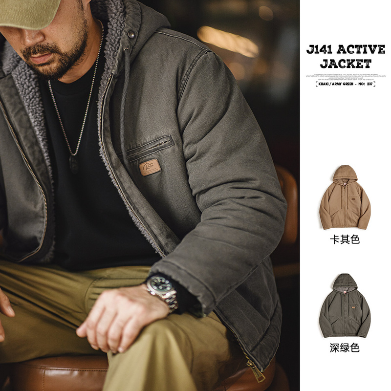 Madden Workwear American Retro J141 Hooded Jacket Cotton Coat Faux Shearling Fleece Lined Warm Canvas Jacket for Men Winter