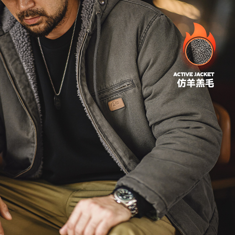 Madden Workwear American Retro J141 Hooded Jacket Cotton Coat Faux Shearling Fleece Lined Warm Canvas Jacket for Men Winter