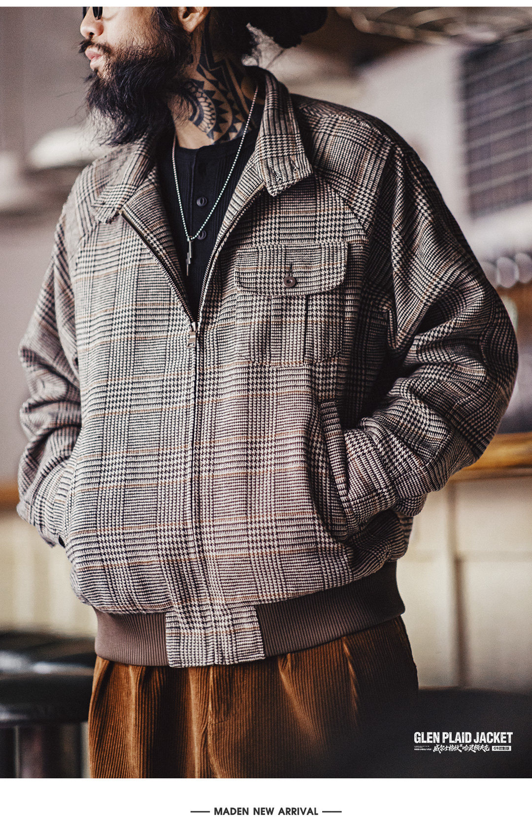 MADEN Houndstooth Stand Collar Harrington Jacket