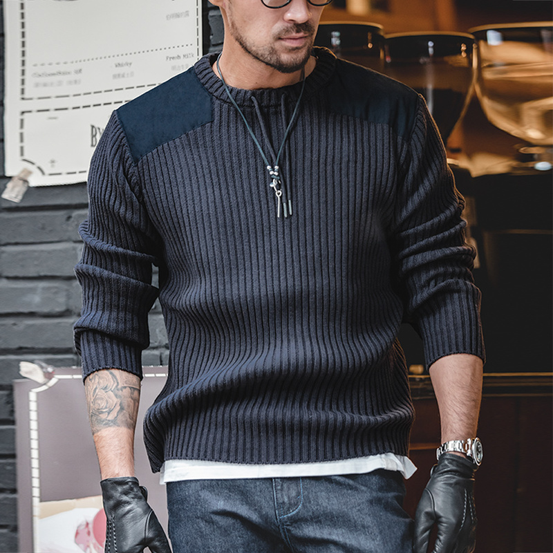 Madden Workwear American Retro Vertical Stripe Patchwork Sweater Round Neck Slim Fit Tough Guy Style Tactical Knitwear for Men Autumn