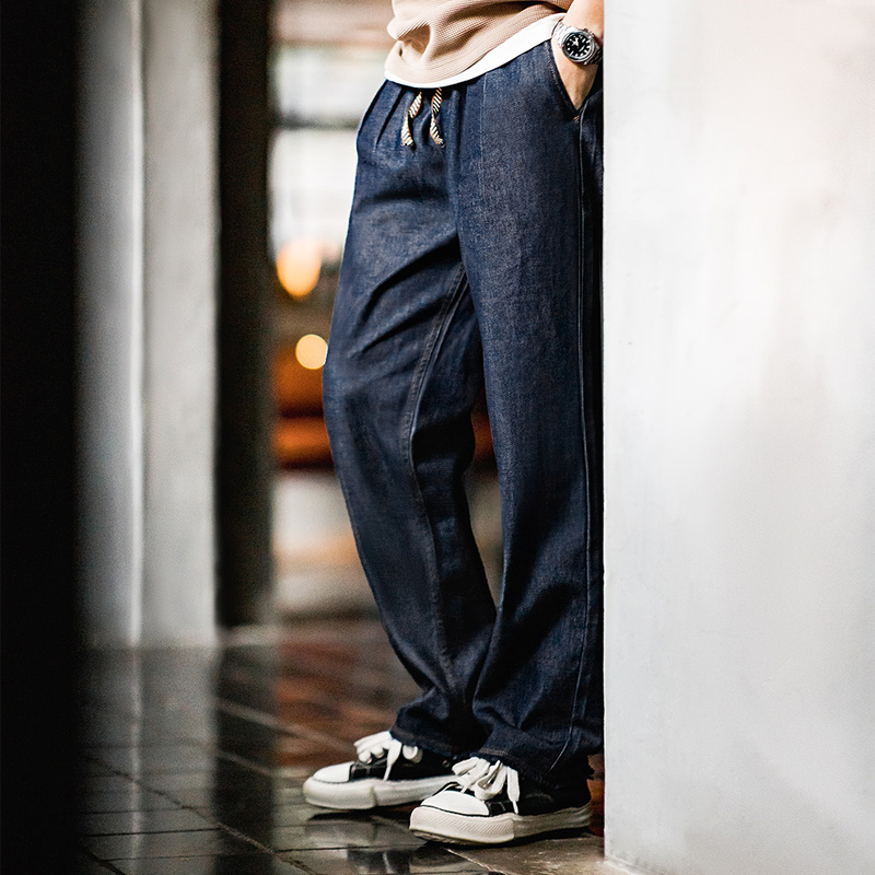 Madden Workwear American Casual Ice-Skin Denim Blue Washed Jeans Drawstring Loose Straight Long Pants Thin Men's Summer