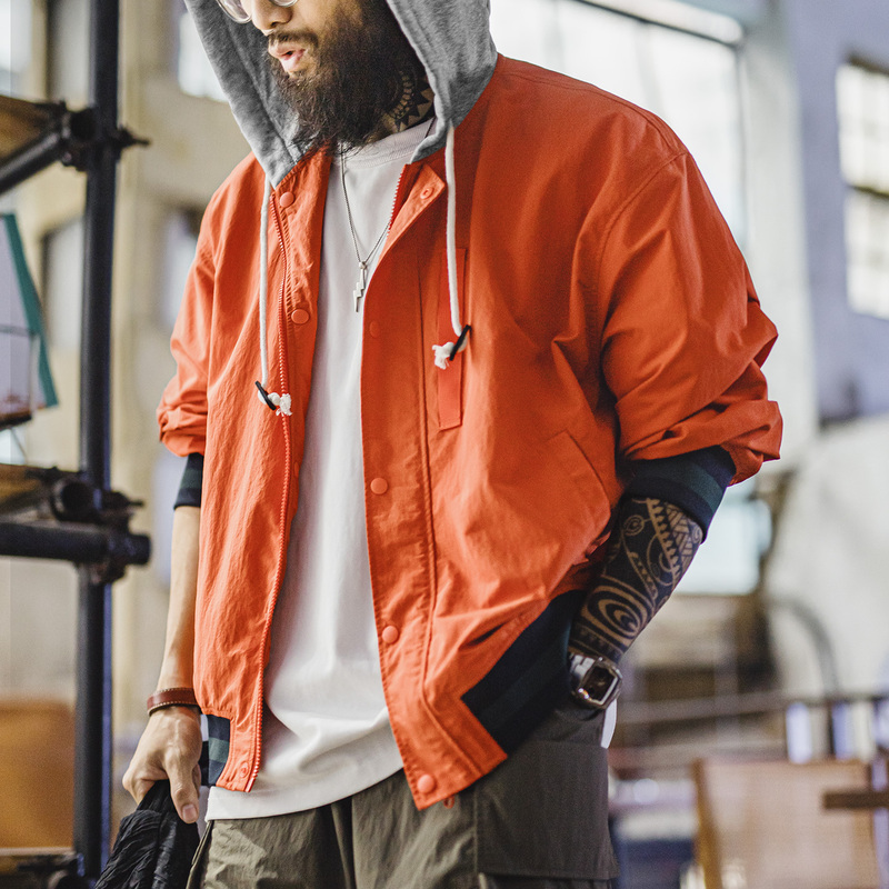 Madden Workwear American Retro Patchwork Color-Block Hooded Jacket Short Thin Cardigan Orange Casual Coat for Men Autumn