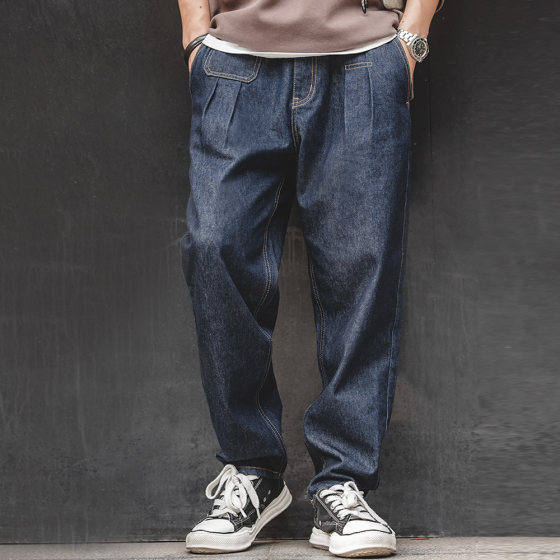 Madden workwear American retro denim washed jeans straight mid-waist tapered loose harem long pants men's spring